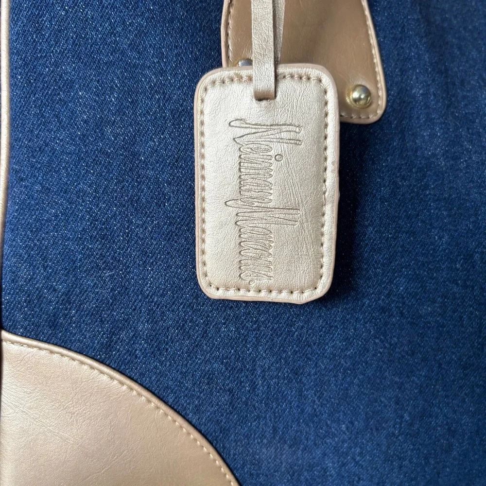 Neiman Marcus Denim & Metallic Gold Faux Leather Tote Bag Large Y2K Shoulder Bag